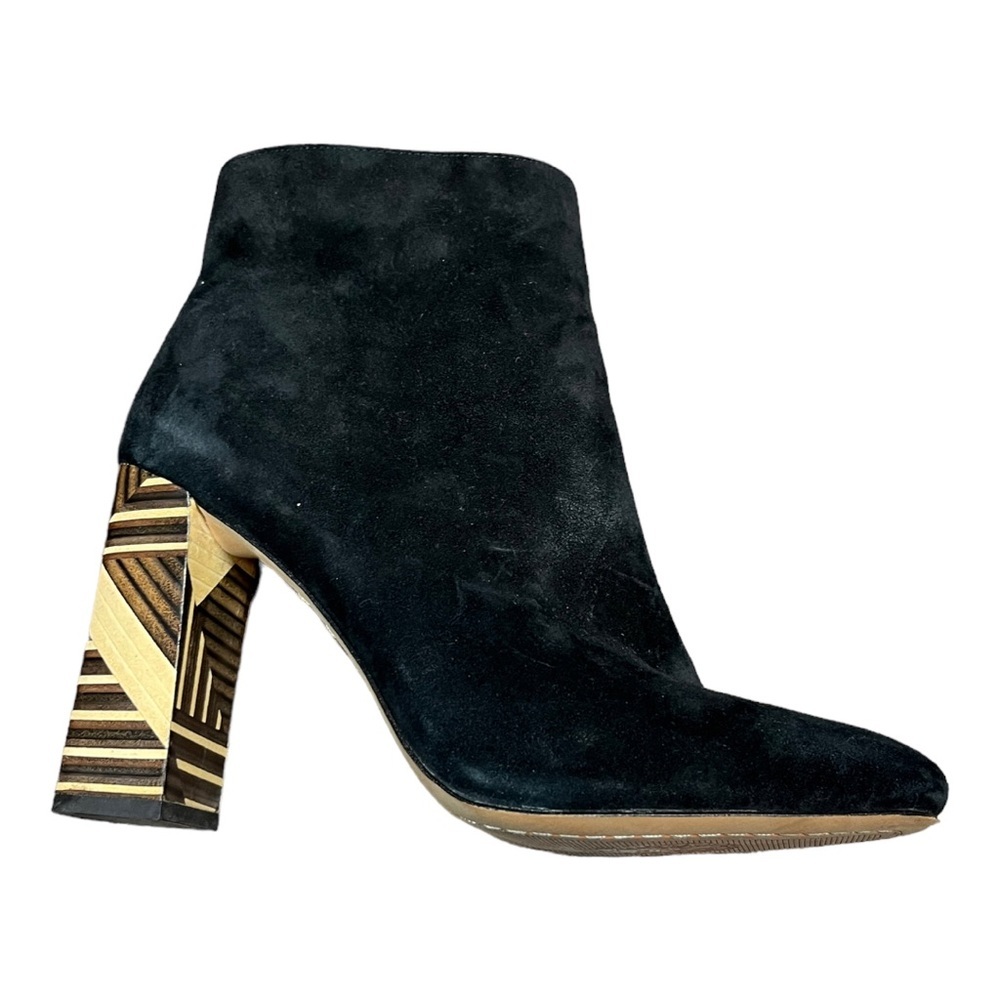 Vince Camuto Brynta Black Leather‎ Bootie Geometric Brown Wood Block Heel 8